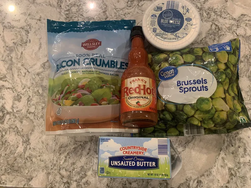 Buffalo Bacon Brussel Sprouts with Blue Cheese ingredients