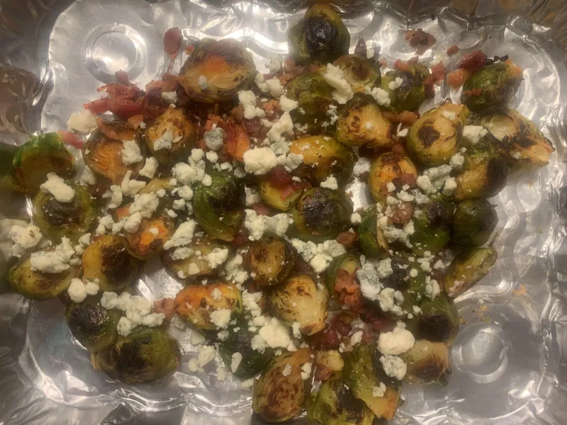 Preparing Buffalo Bacon Brussel Sprouts with Blue Cheese