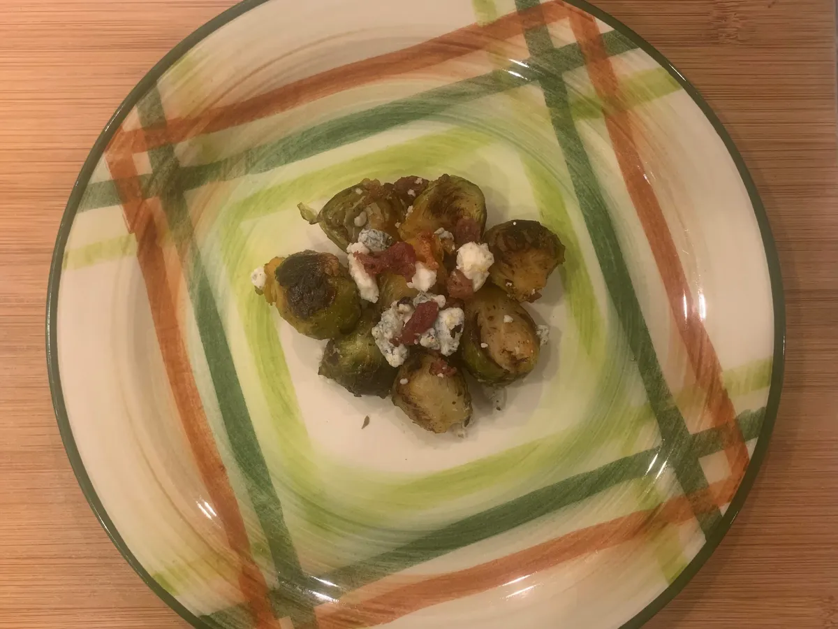Buffalo Bacon Brussel Sprouts with Blue Cheese