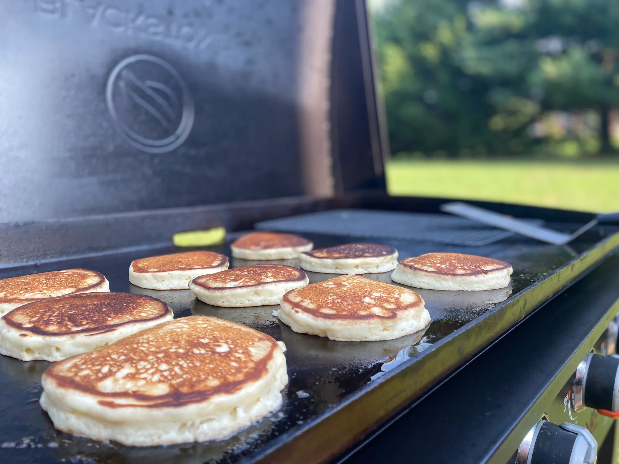 Pancakes cooking on the griddle
